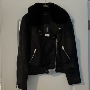 Black Faux Leather Moto Jacket with Fur Collar